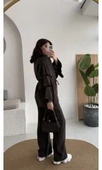 Volan Kol Detay Bağcıklı Bluz Takım - Kahverengi - Kod: 8880