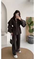 Volan Kol Detay Bağcıklı Bluz Takım - Kahverengi - Kod: 8880