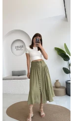 Volanlı Bürümcük Düğmeli Etek Haki