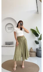 Volanlı Bürümcük Düğmeli Etek Haki