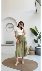 Volanlı Bürümcük Düğmeli Etek Haki