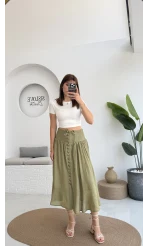 Volanlı Bürümcük Düğmeli Etek Haki