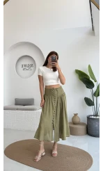 Volanlı Bürümcük Düğmeli Etek Haki