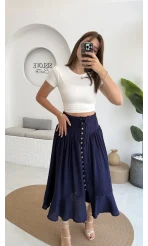 Volanlı Bürümcük Düğmeli Etek Lacivert