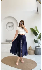 Volanlı Bürümcük Düğmeli Etek Lacivert