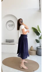 Volanlı Bürümcük Düğmeli Etek Lacivert