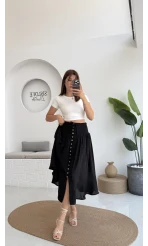 Volanlı Bürümcük Düğmeli Etek Siyah