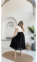 Volanlı Bürümcük Düğmeli Etek Siyah