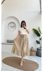 Volanlı Bürümcük Düğmeli Etek Vizon