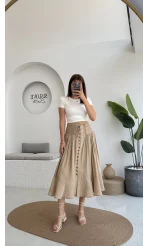 Volanlı Bürümcük Düğmeli Etek Vizon