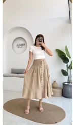 Volanlı Bürümcük Düğmeli Etek Vizon