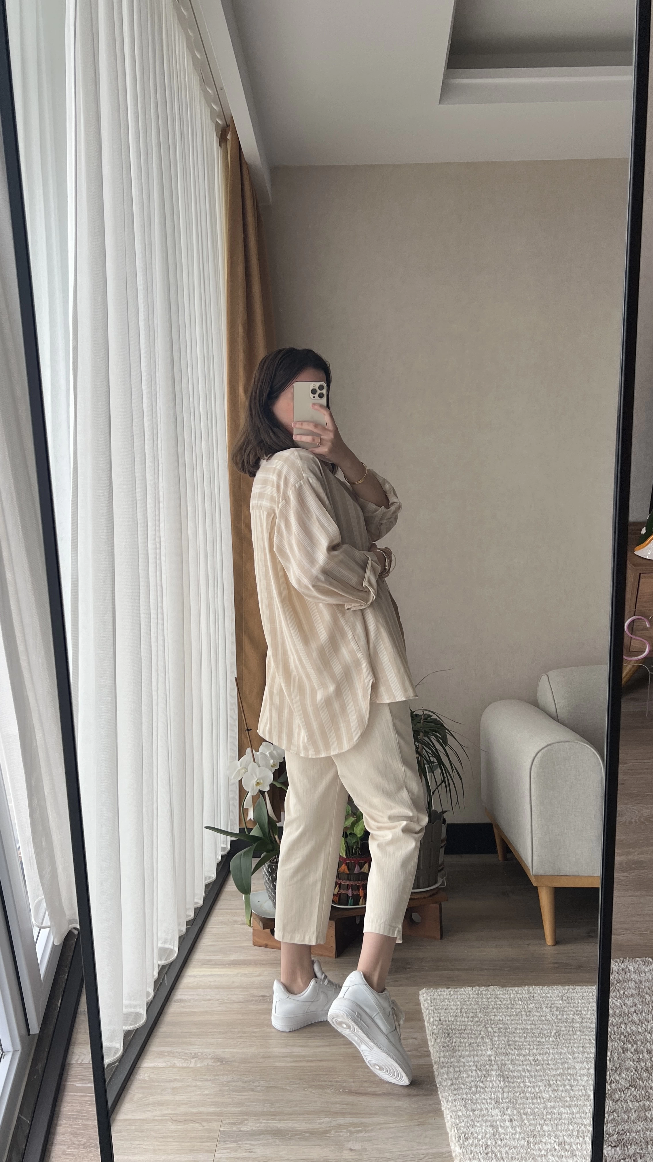 Wase Çizgili Keten Bej Gömlek