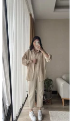 Wase Çizgili Keten Bej Gömlek