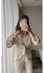 Wase Çizgili Keten Bej Gömlek