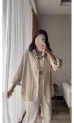 Wase Çizgili Keten Bej Gömlek