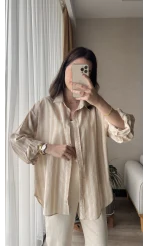 Wase Çizgili Keten Bej Gömlek