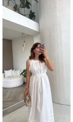 Yaka Büzgülü Kuşaklı Elbise - Beyaz - Kod: 3451