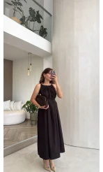 Yaka Büzgülü Kuşaklı Elbise - Kahve - Kod: 3451