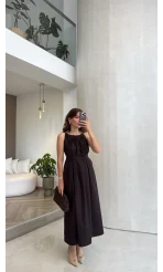 Yaka Büzgülü Kuşaklı Elbise - Kahve - Kod: 3451