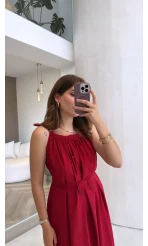 Yaka Büzgülü Kuşaklı Elbise - Kırmızı - Kod: 3451