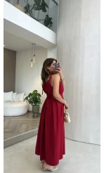Yaka Büzgülü Kuşaklı Elbise - Kırmızı - Kod: 3451