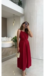 Yaka Büzgülü Kuşaklı Elbise - Kırmızı - Kod: 3451