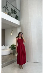 Yaka Büzgülü Kuşaklı Elbise - Kırmızı - Kod: 3451