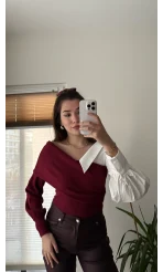 Yaka Detay Gömlek Triko Bordo