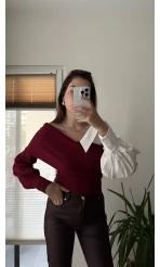 Yaka Detay Gömlek Triko Bordo