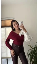 Yaka Detay Gömlek Triko Bordo