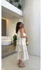 Yaka İşleme Detaylı Kat Kat Elbise - Ekru - Kod: 3454