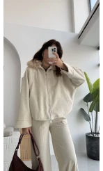 Yaka Kürklü Kaşe Mont - Taş - KOD:9660