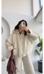 Yaka Kürklü Kaşe Mont - Taş - KOD:9660