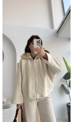 Yaka Kürklü Kaşe Mont - Taş - KOD:9660