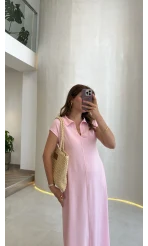 Yakalı Sıfır Kol Elbise - Pembe - Kod: 4141