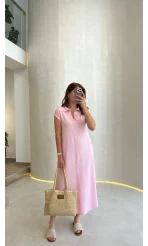 Yakalı Sıfır Kol Elbise - Pembe - Kod: 4141