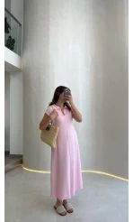 Yakalı Sıfır Kol Elbise - Pembe - Kod: 4141