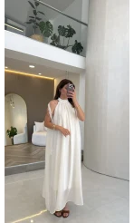 Yakası Dantel Bağlamalı Uzun Elbise - Ekru - Kod: 3438