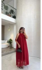 Yakası Dantel Bağlamalı Uzun Elbise - Kırmızı - Kod: 3438