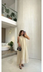 Yakası Dantel Bağlamalı Uzun Elbise - Taş - Kod: 3438