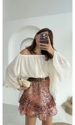 Yakası Lastikli Yarasa Kol Bluz - Beyaz - 4978