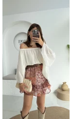 Yakası Lastikli Yarasa Kol Bluz - Beyaz - 4978