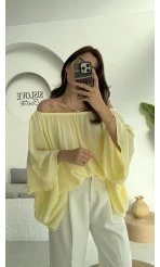 Yakası Lastikli Yarasa Kol Bluz - Sarı - 4978