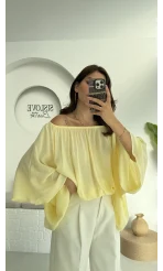 Yakası Lastikli Yarasa Kol Bluz - Sarı - 4978