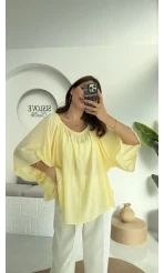 Yakası Lastikli Yarasa Kol Bluz - Sarı - 4978