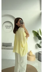 Yakası Lastikli Yarasa Kol Bluz - Sarı - 4978