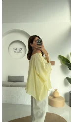 Yakası Lastikli Yarasa Kol Bluz - Sarı - 4978