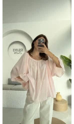 Yakası Lastikli Yarasa Kol Bluz - Şeker Pembesi - 4978