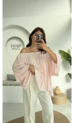 Yakası Lastikli Yarasa Kol Bluz - Şeker Pembesi - 4978