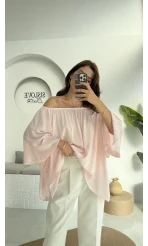 Yakası Lastikli Yarasa Kol Bluz - Şeker Pembesi - 4978